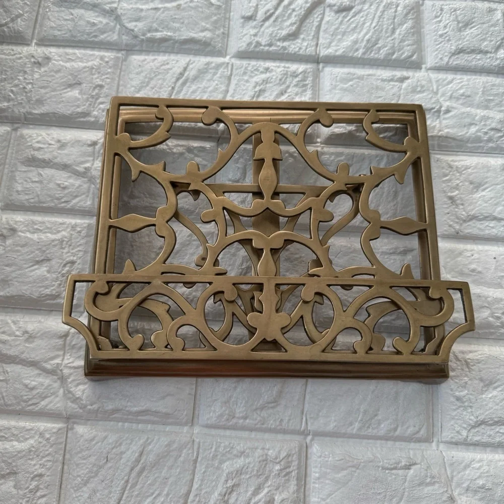 Vintage Ornate Brass Table Book Stand Holder Retractable Adjustable Folding